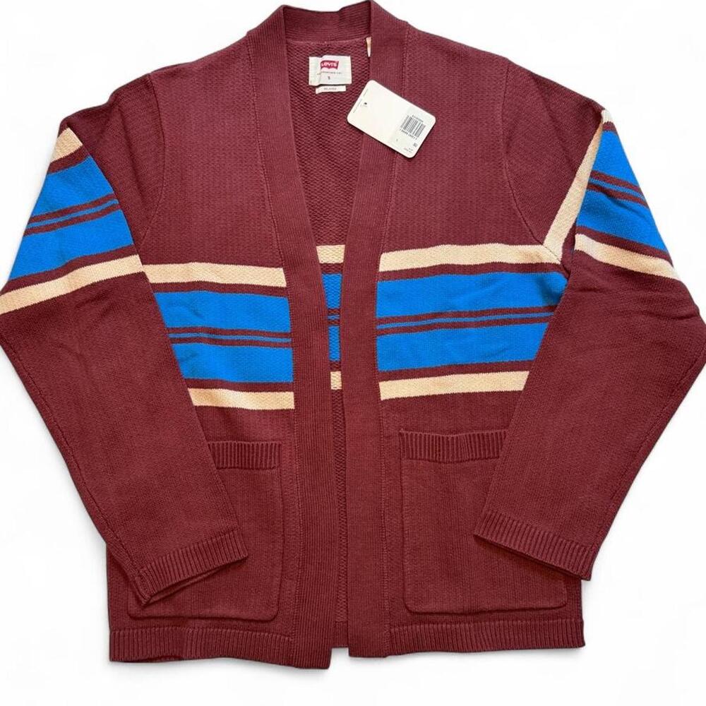 Levi’s brownish/burgundy cardigan with blue and beige horizontal stripes on slee